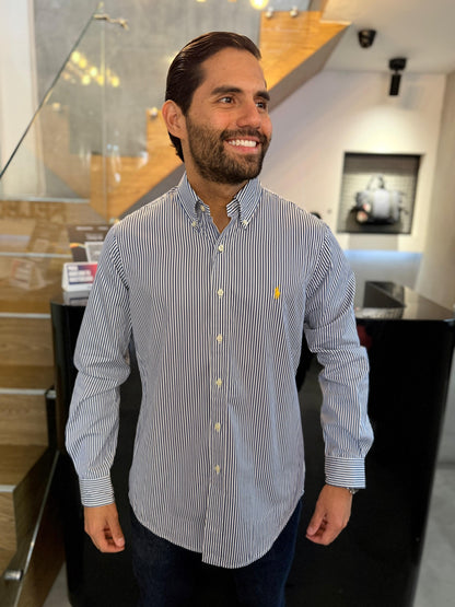 Camisa Polo R.L hombre Algodón Rayas Azules Caballo Amarillo