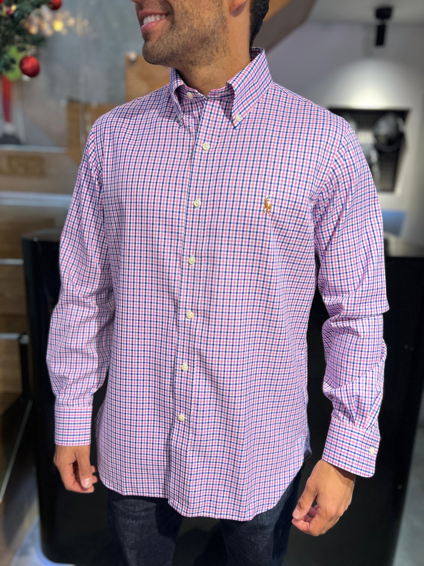 Camisa Polo R.L hombre Algodón Cuadros Rosados con Azul