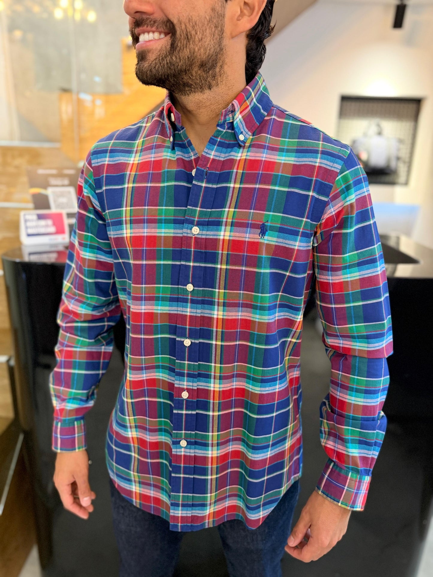 Camisa Polo R.L hombre Oxford Cuadros Colores Caballo Azul
