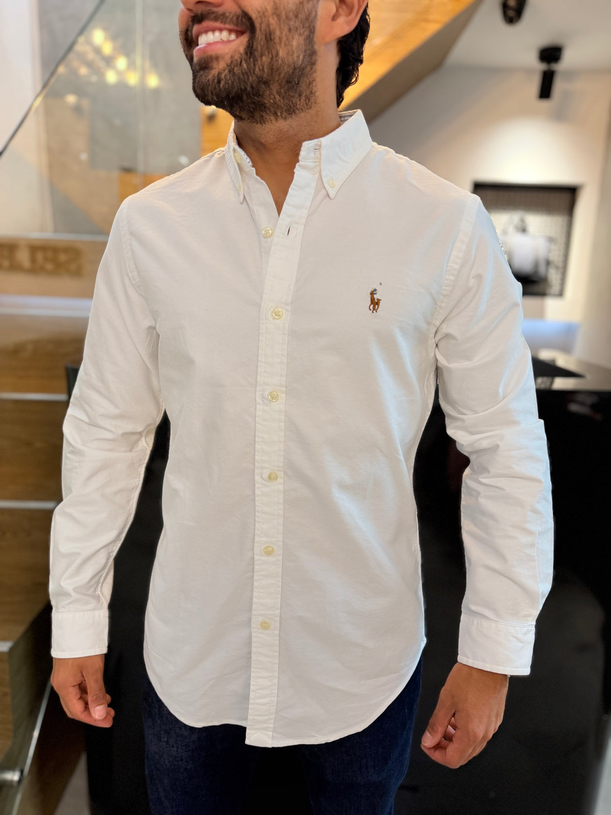 Camisa Polo R.L hombre Oxford Slim Fit Blanca Caballo Multicolor