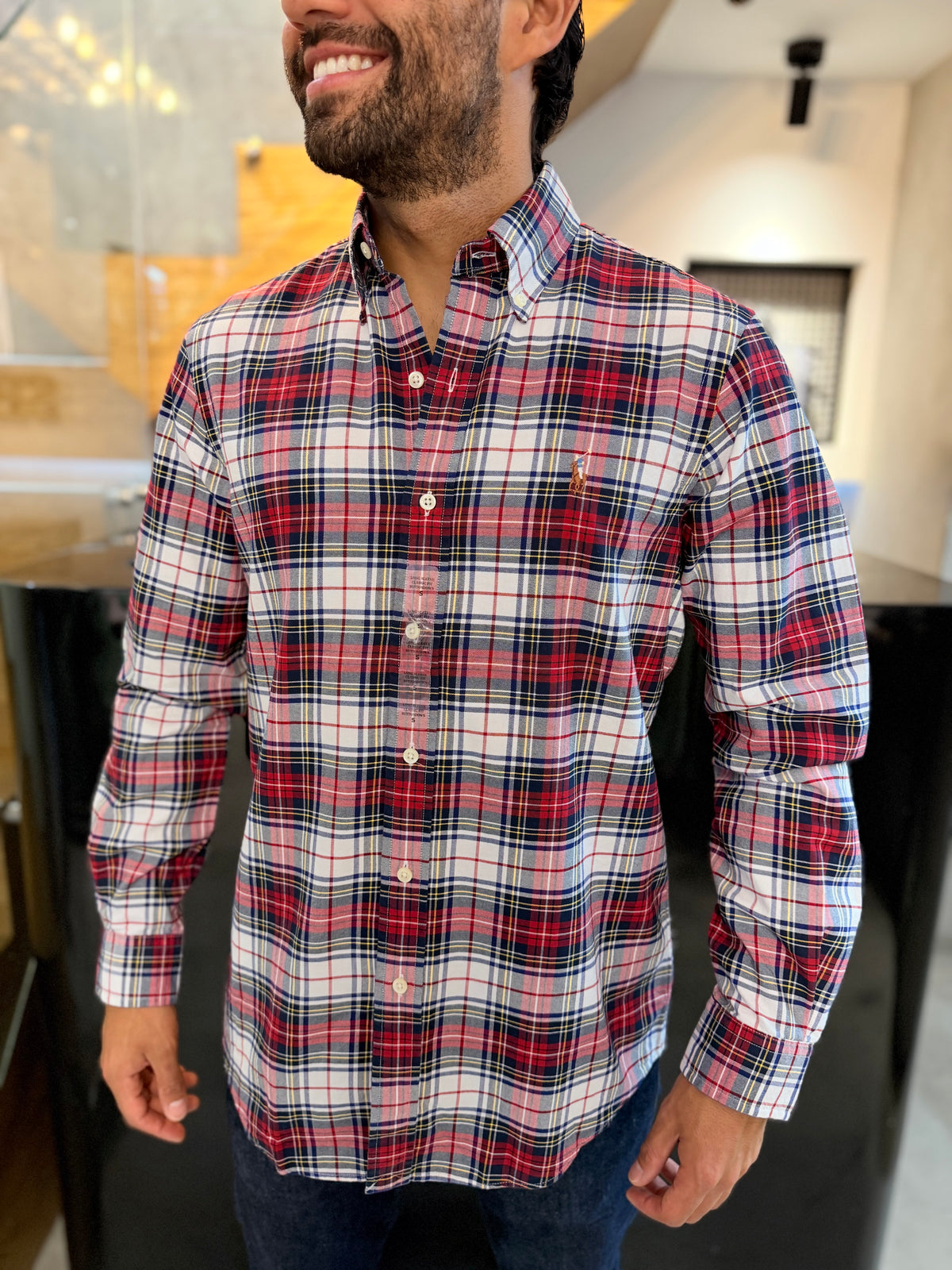 Camisa Polo R.L hombre Oxford Cuadros Rojos Con Blanco Caballo Multicolor