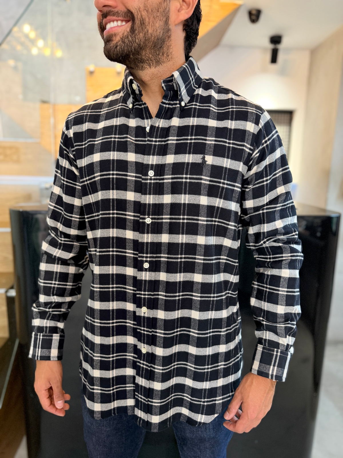 Camisa Polo R.L hombre Algodón Grueso Cuadros Negros Con Blanco Caballo Negro