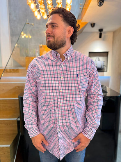 Camisa Polo R.L hombre Algodon Cuadros Rosados Caballo Azul