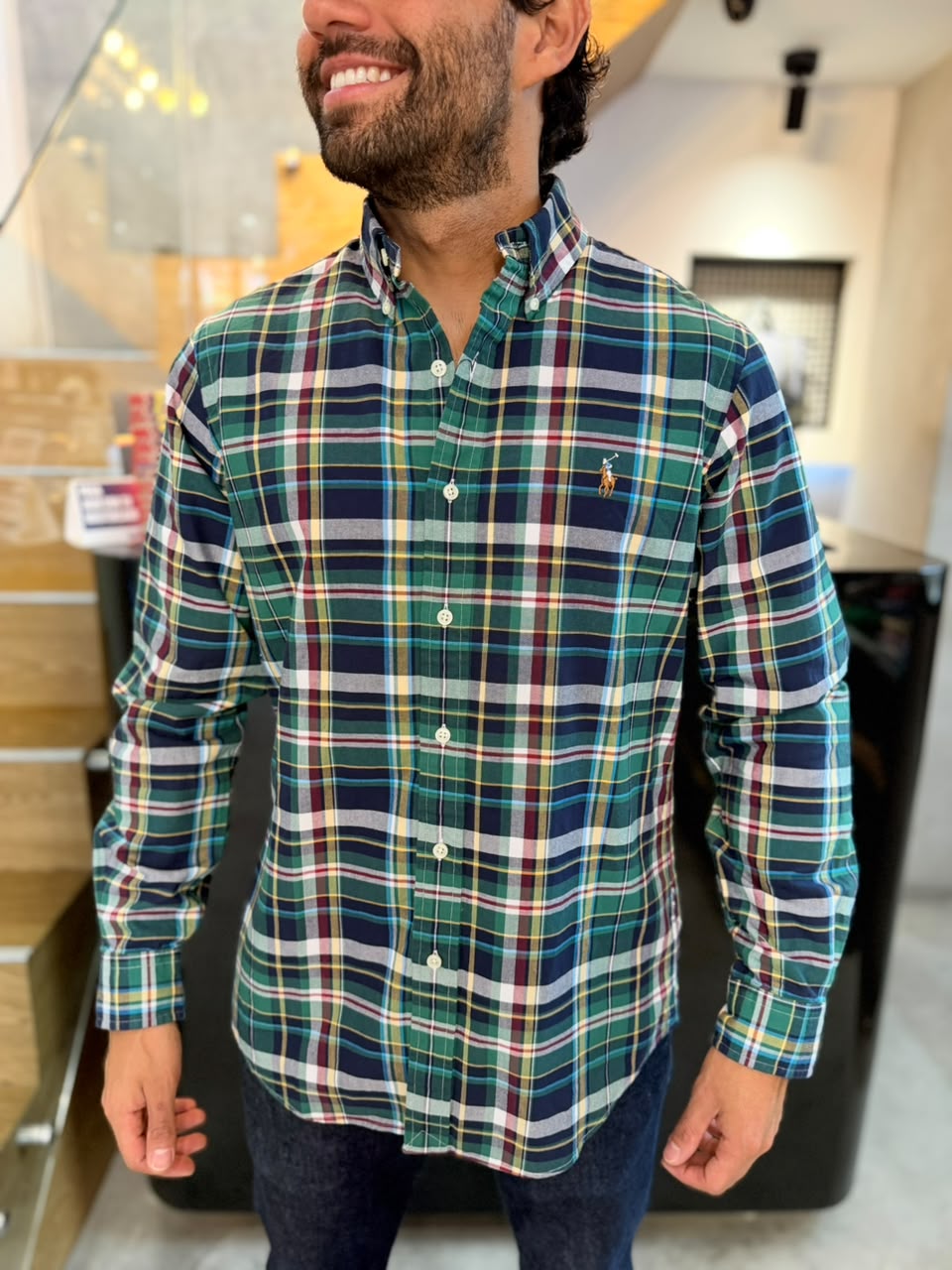 Camisa Polo R.L hombre Oxford Cuadros Verdes con Azul Caballo Multicolor