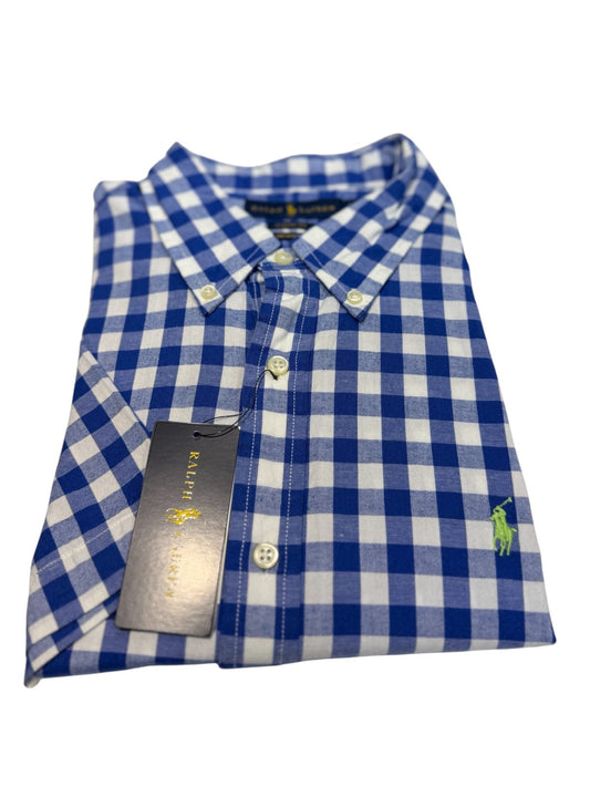 Camisa Polo R.L hombre Algodón Manga Corta Cuadros Azules Caballo Verde