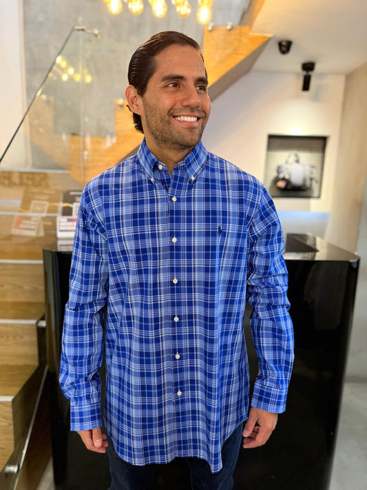 Camisa Polo R.L hombre Algodón Cuadros Azules Caballo Azul