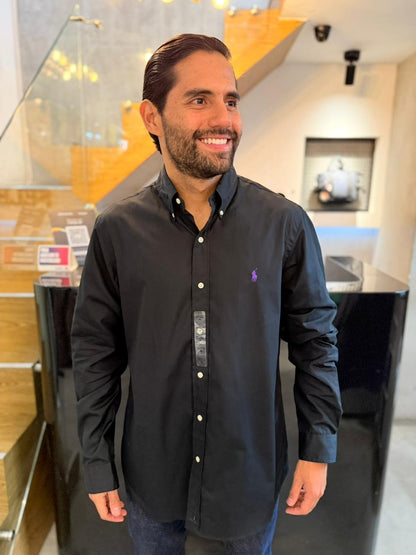 Camisa Polo R.L hombre Algodón Negra Caballo Morado