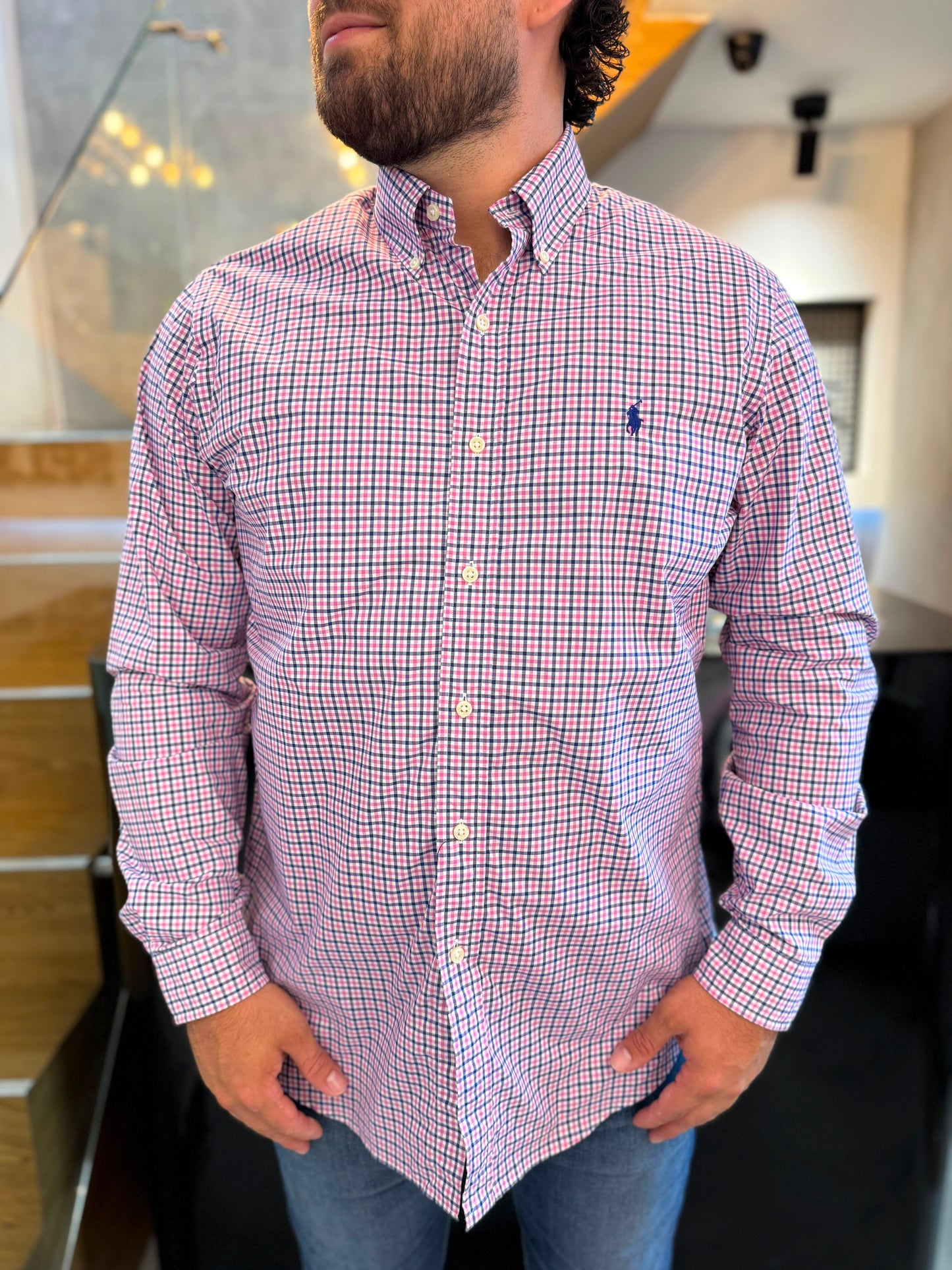 Camisa Polo R.L hombre Algodon Cuadros Rosados Caballo Azul