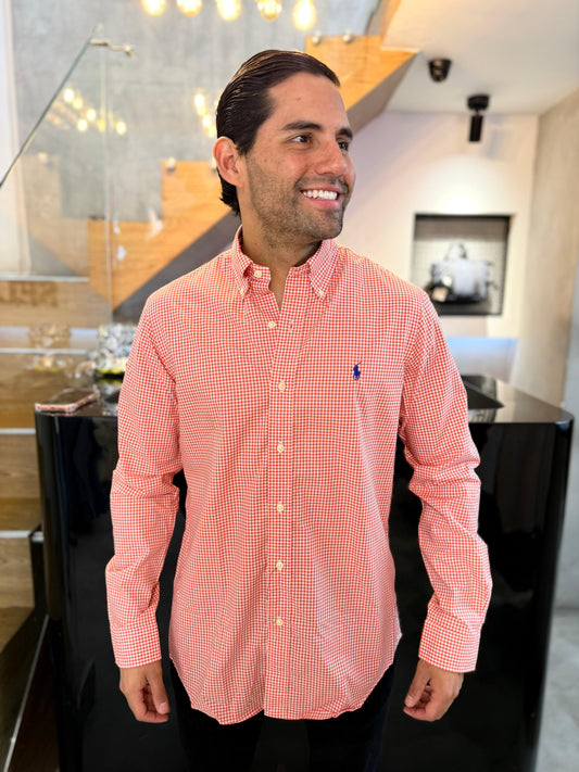 Camisa Polo R.L hombre Algodón Cuadros Naranjas Caballo Azul