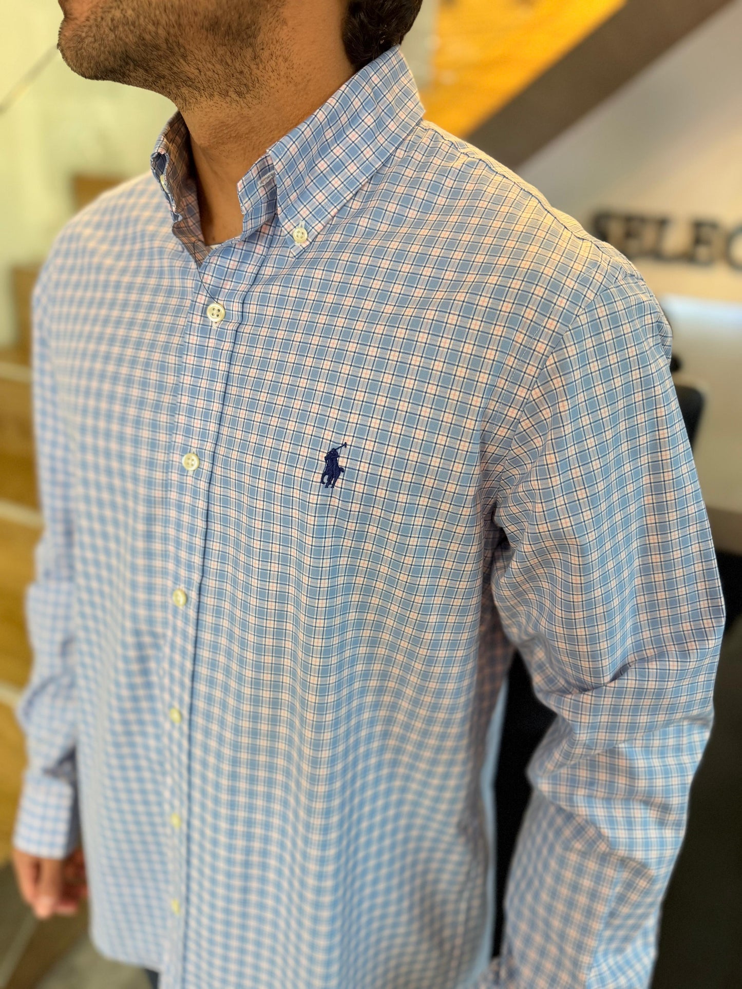 Camisa Polo R.L hombre Algodón Cuadros Celestes con Rosado Caballo Azul