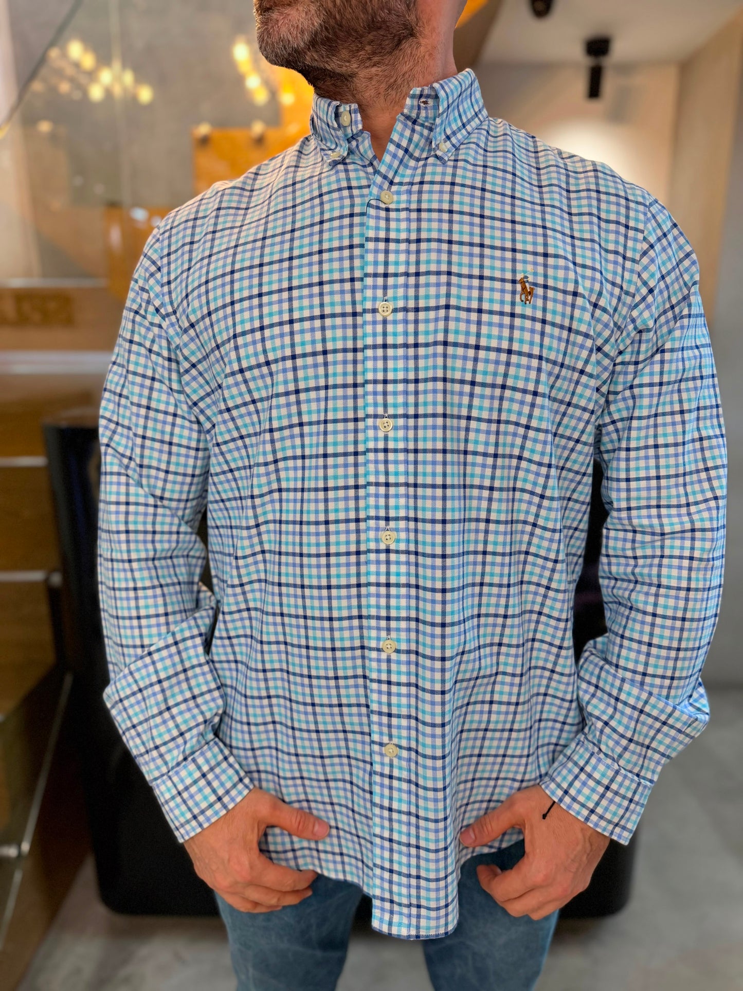 Camisa Polo R.L hombre Oxford Cuadros Celestes Caballo Multicolor