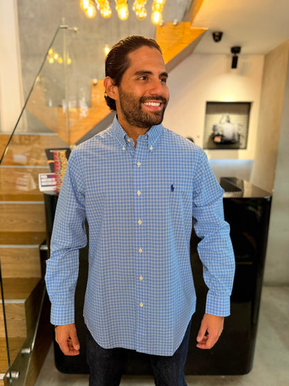 Camisa Polo R.L hombre Algodón Cuadros Azules Caballo Azul
