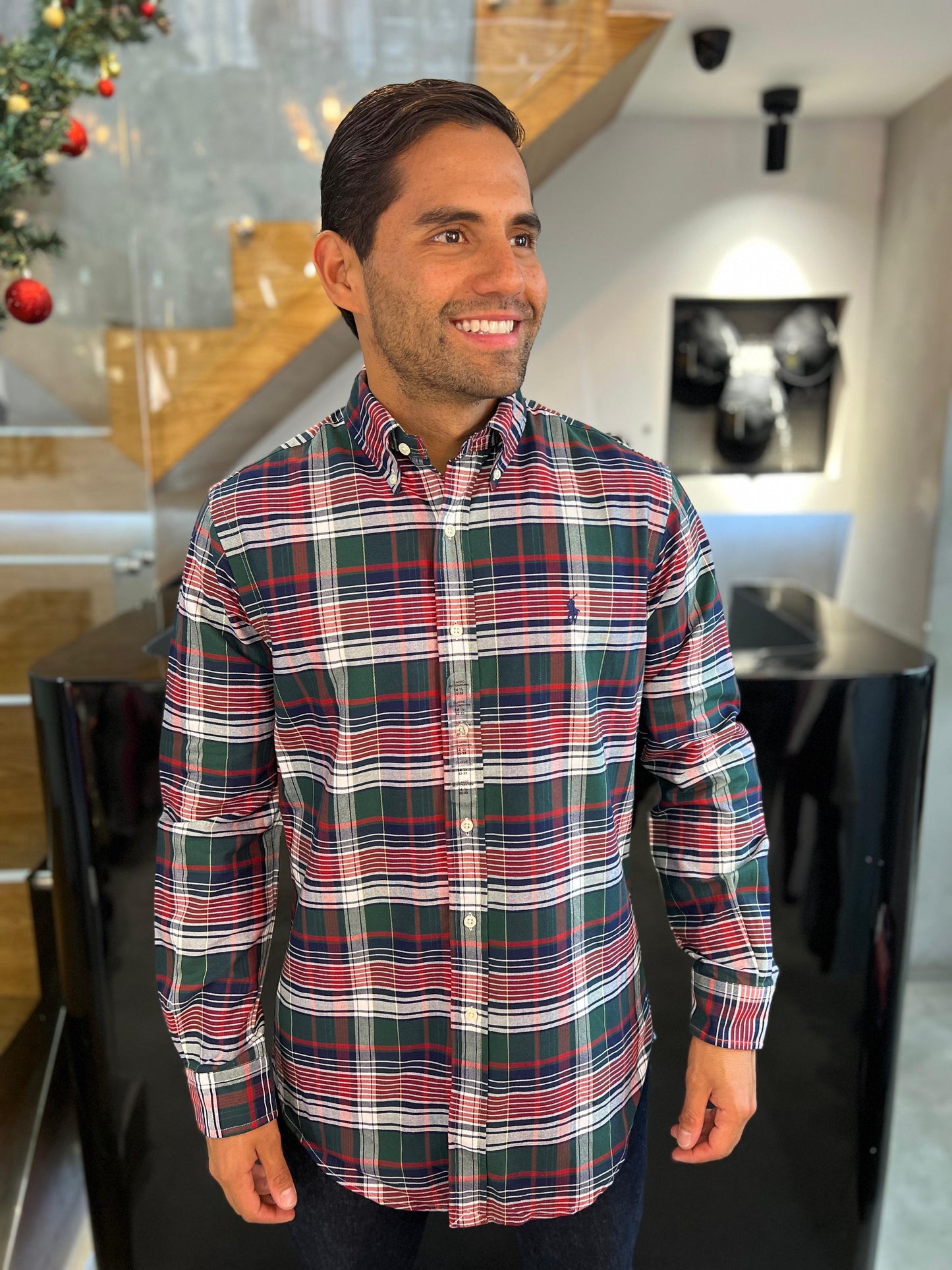 Camisa Polo R.L hombre Oxford Cuadros Caballo Azul