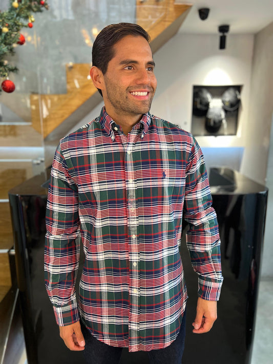 Camisa Polo R.L hombre Oxford Cuadros Caballo Azul