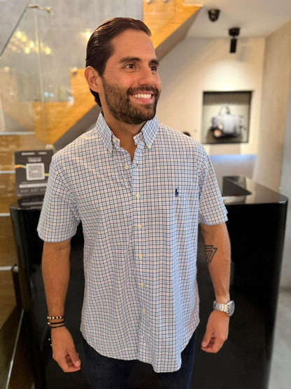 Camisa Polo R.L hombre Manga Corta Algodón Cuadros Blancos Caballo Azul