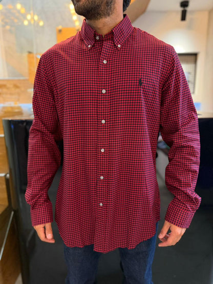 Camisa Polo R.L hombre Algodón Cuadros Rojos Con Negro Caballo Negro