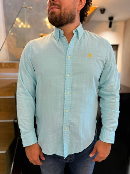 Camisa Polo R.L hombre Algodón Celeste Efecto Cuadros  Caballo Amarillo