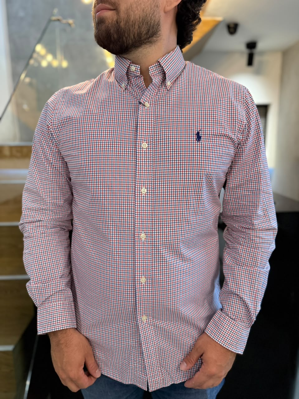 Camisa Polo R.L hombre Algodón Slim fit Cuadros Rojos Caballo Azul