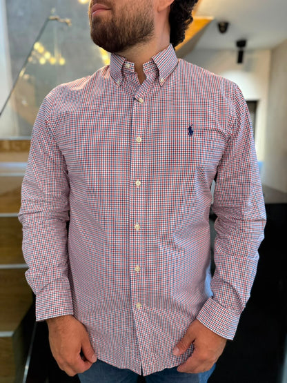 Camisa Polo R.L hombre Algodón Slim fit Cuadros Rojos Caballo Azul