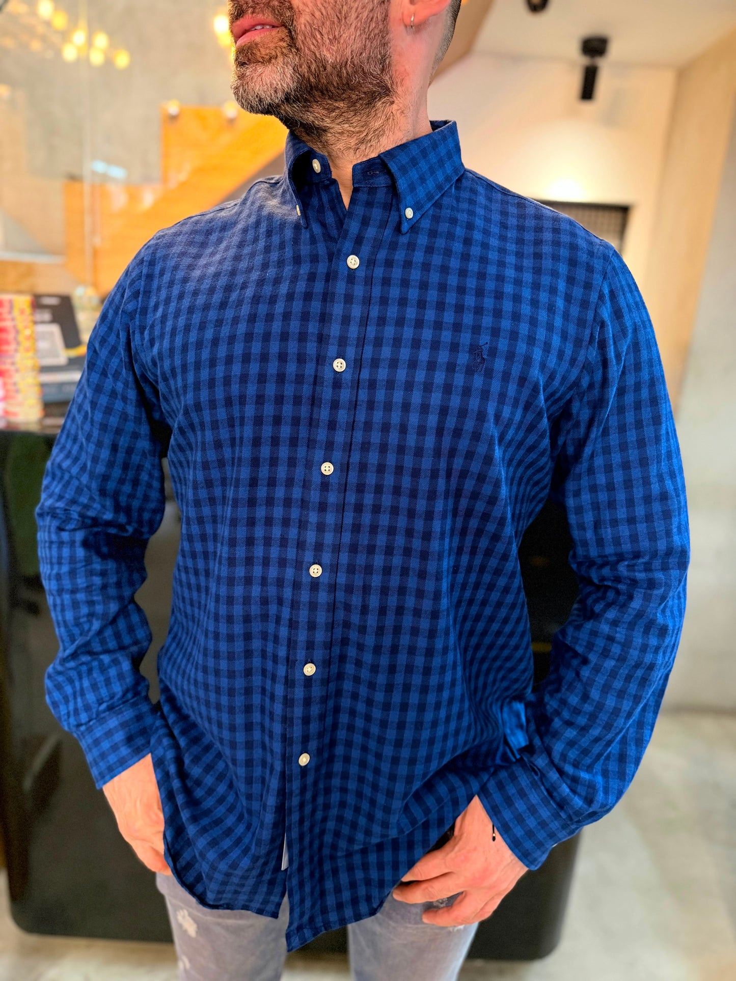 Camisa Polo R.L hombre Algodón Cuadros Azules Caballo Azul