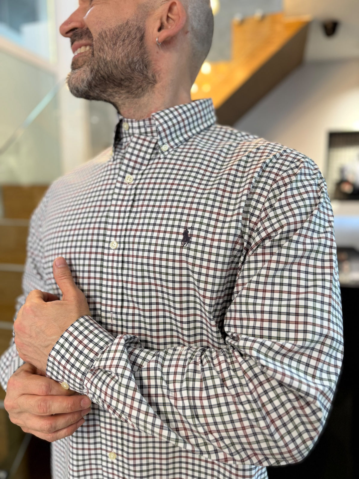 Camisa Polo R.L hombre Algodón Cuadros Blancos Caballo Cafe