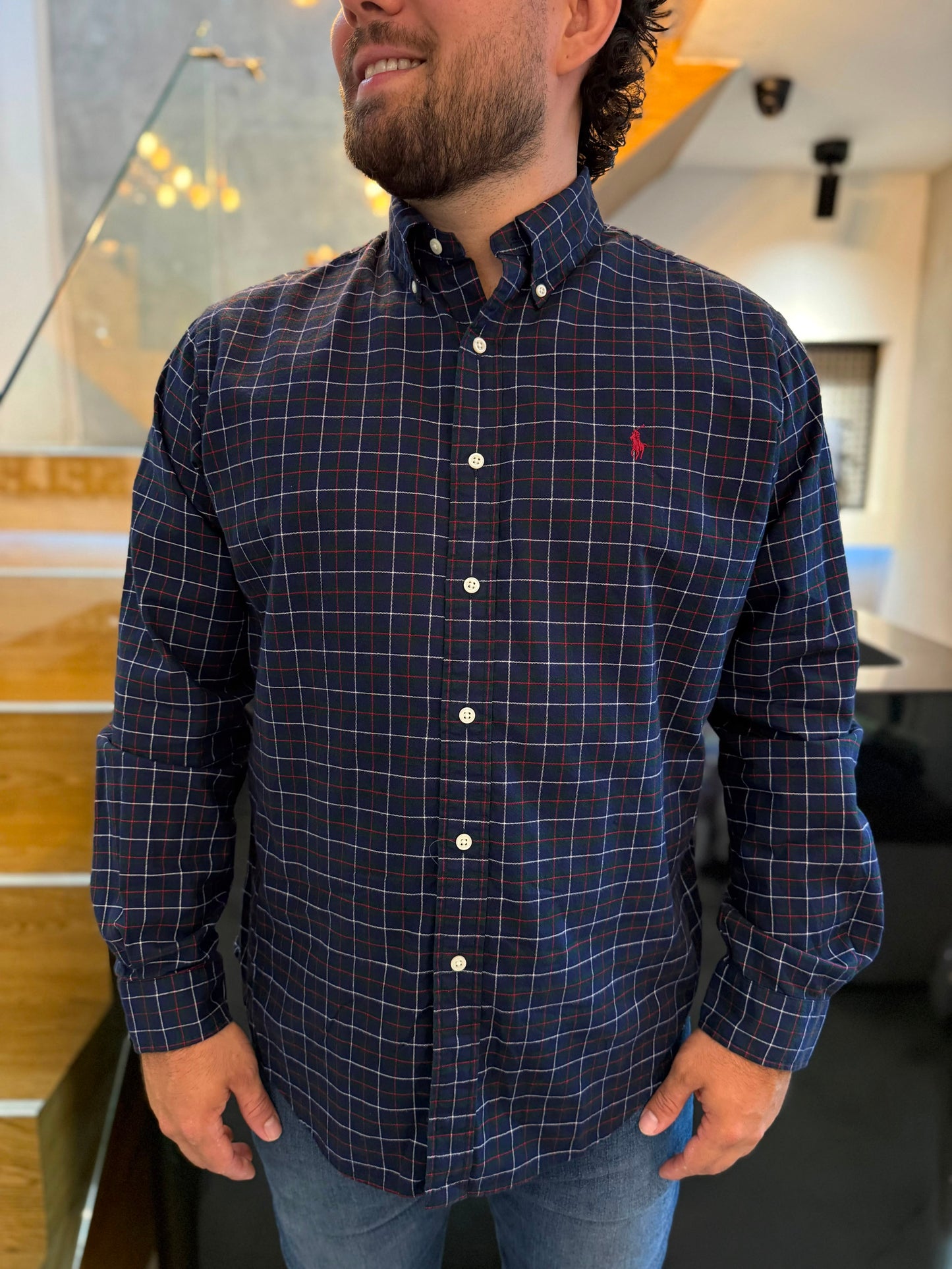Camisa Polo R.L hombre Algodon Cuadros Azules Caballo Rojo