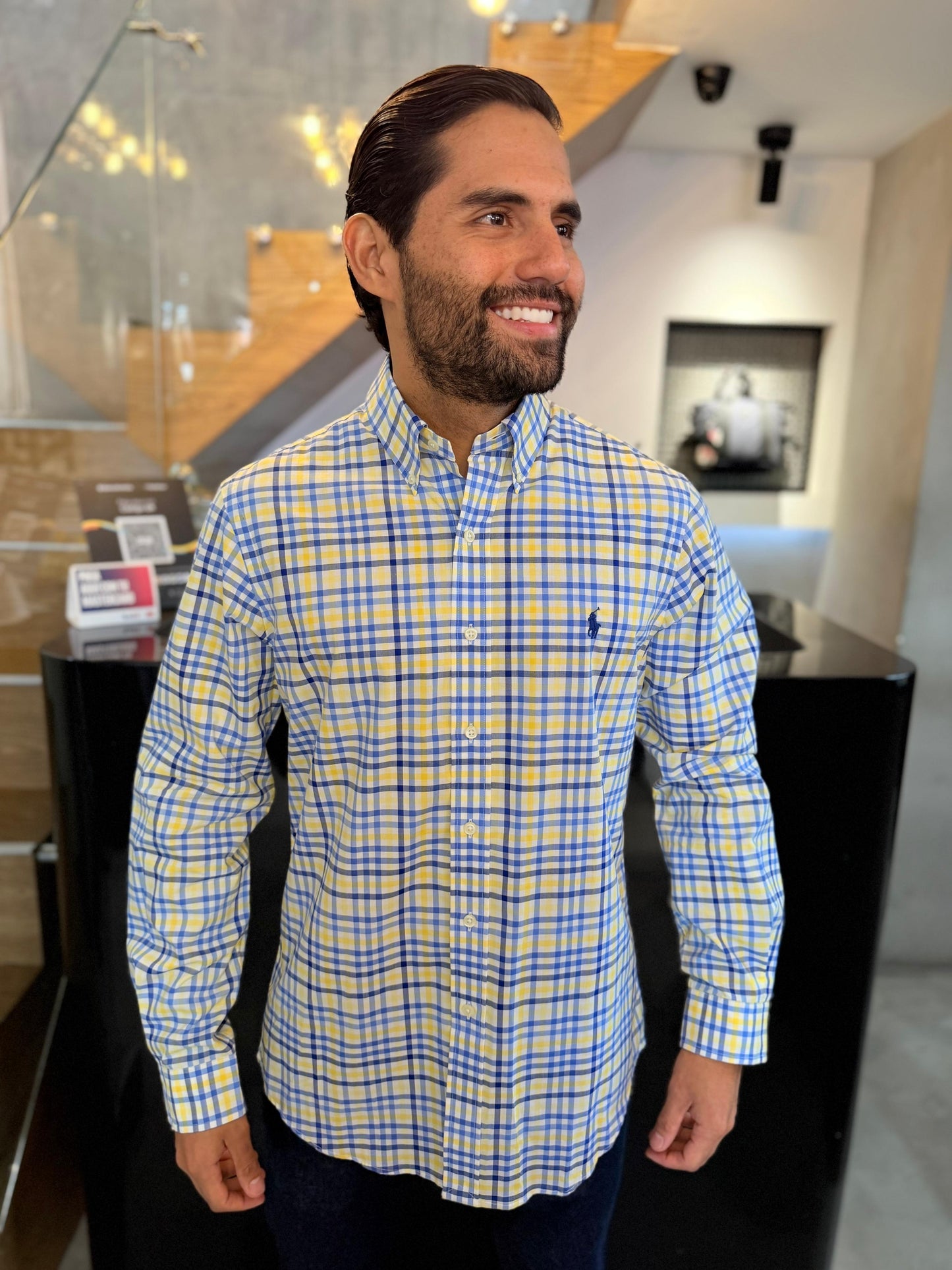 Camisa Polo R.L hombre Algodón Cuadros Amarillos Con Azul Caballo Azul