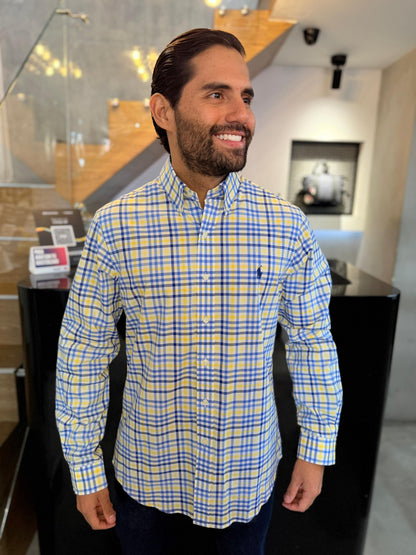 Camisa Polo R.L hombre Algodón Cuadros Amarillos Con Azul Caballo Azul