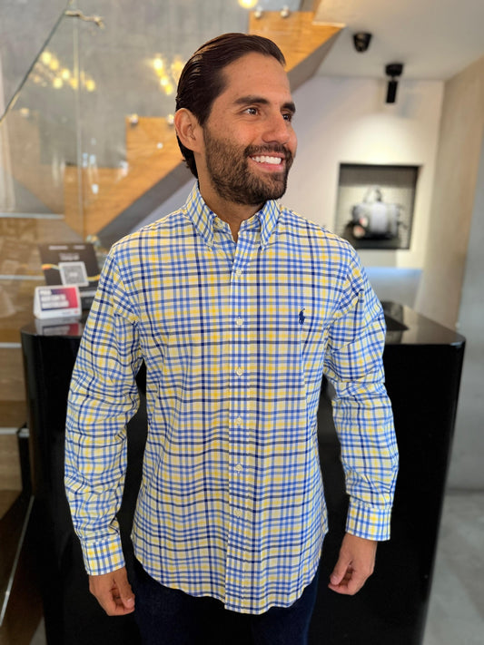 Camisa Polo R.L hombre Algodón Cuadros Amarillos Con Azul Caballo Azul