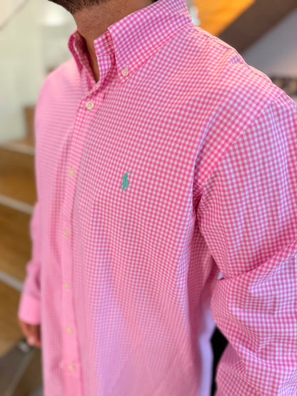 Camisa Polo R.L hombre Algodón Cuadros Rosados Con Blanco Caballo Verde Menta