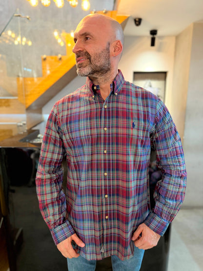 Camisa Polo R.L hombre Algodón Cuadros Morados Con Verde Caballo Azul