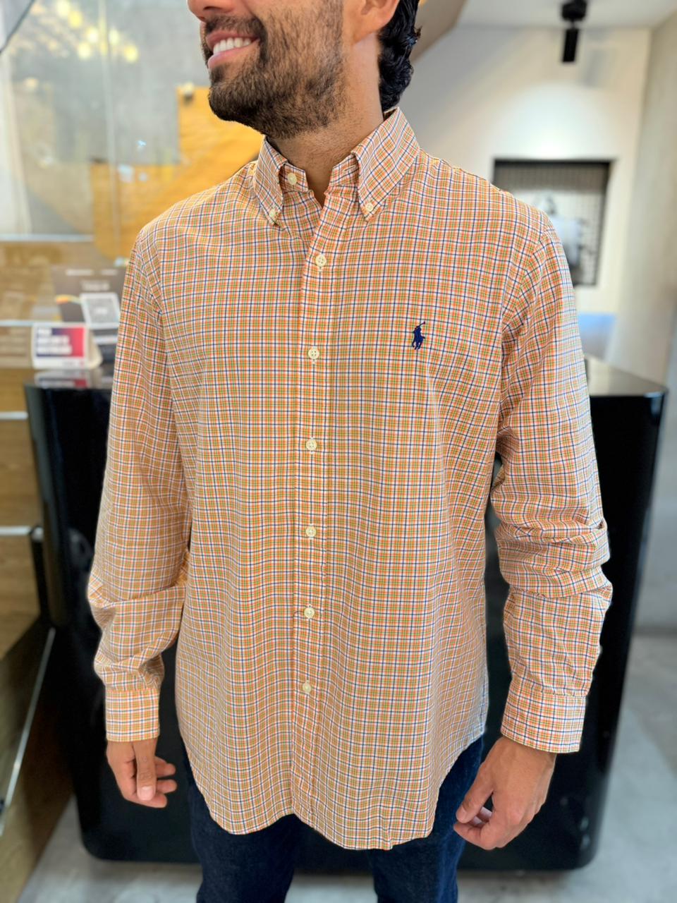 Camisa Polo R.L hombre Algodón Cuadros Naranjas Con Caballo Azul