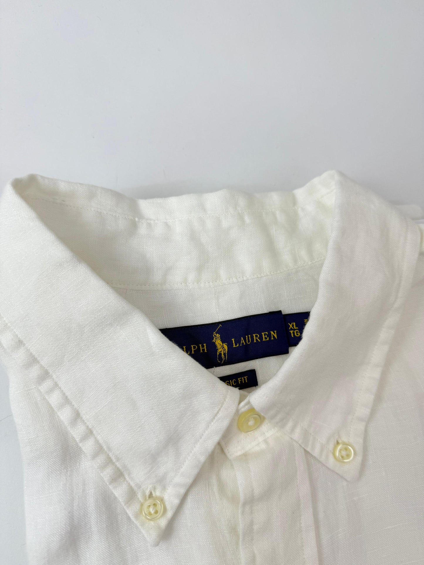 Camisa Polo R.L hombre Lino Blanca Caballo Azul