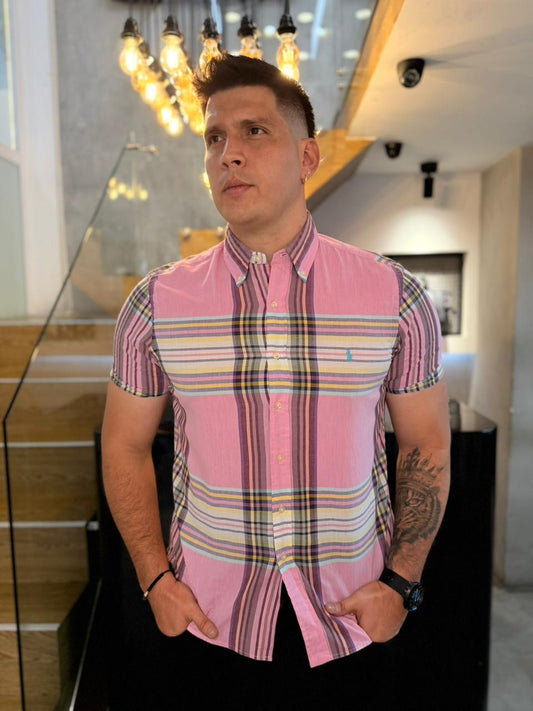 Camisa Polo R.L hombre Algodón Manga Corta Cuadros Rosados Caballo Celeste