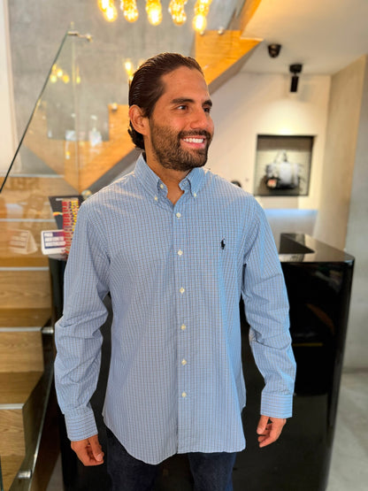 Camisa Polo R.L hombre Algodón Cuadros Celestes Con Blanco Caballo Negro