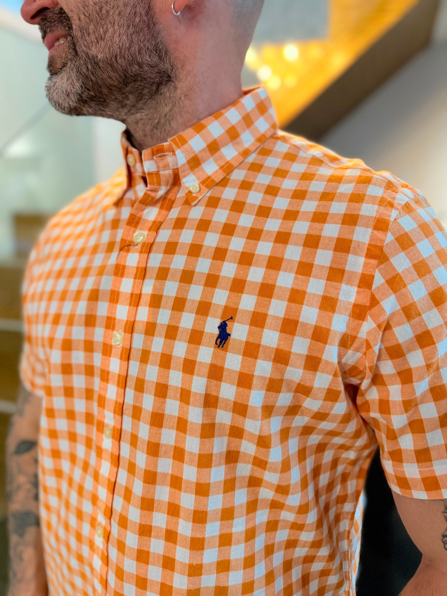 Camisa Polo R.L hombre Algodón Manga Corta Cuadros Naranjas Con Blanco Caballo Azul