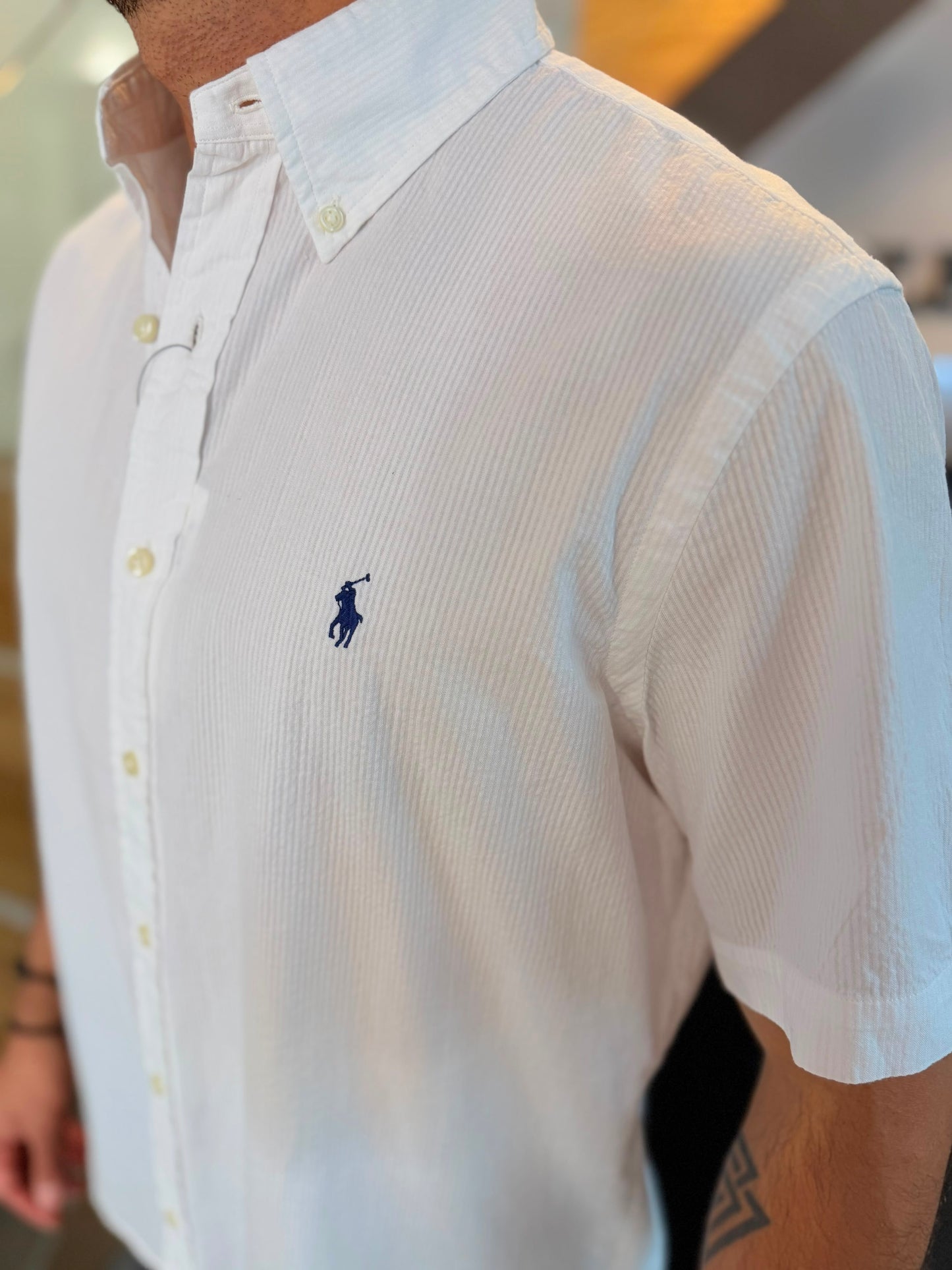 Camisa Polo R.L hombre Manga Corta Galleta Blanca Caballo Azul