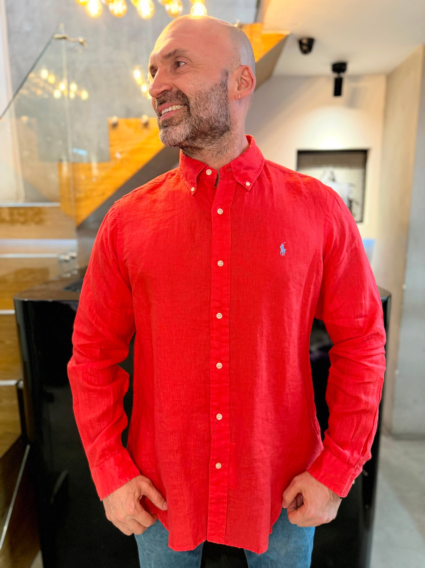 Camisa Polo R.L hombre Lino Coral Caballo Celeste