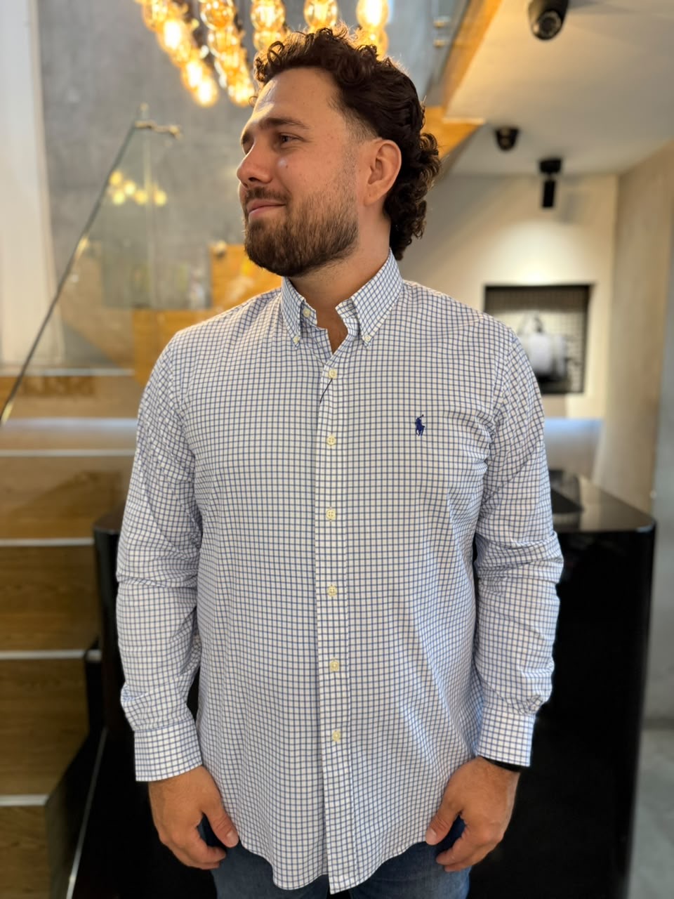 Camisa Polo R.L hombre Performance Cuadros Blancos Con Azul Caballo Azul