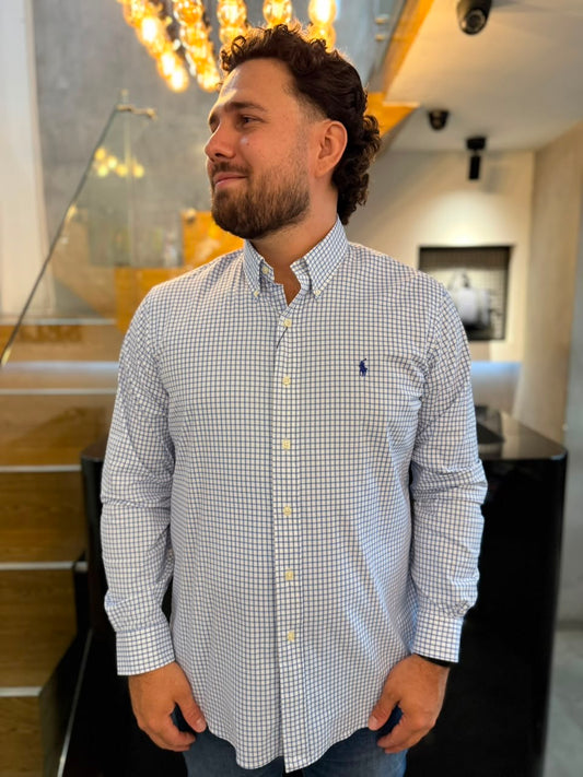 Camisa Polo R.L hombre Performance Cuadros Blancos Con Azul Caballo Azul