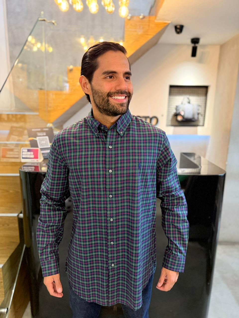 Camisa Polo R.L hombre Algodón Cuadros Verdes Caballo Azul
