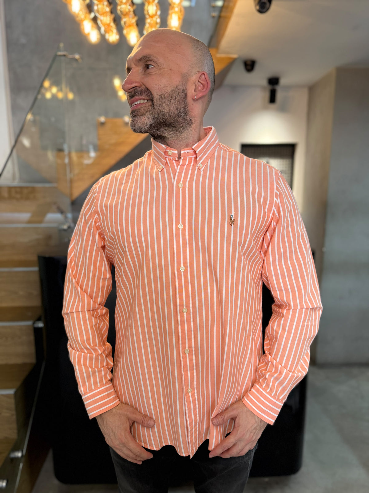 Camisa Polo R.L hombre Oxford Cuadros Naranja Pastel Con Blanco Caballo Multicolor