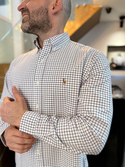 Camisa Polo R.L hombre Oxford Cuadros Blancos Con Rojo Caballo Multicolor