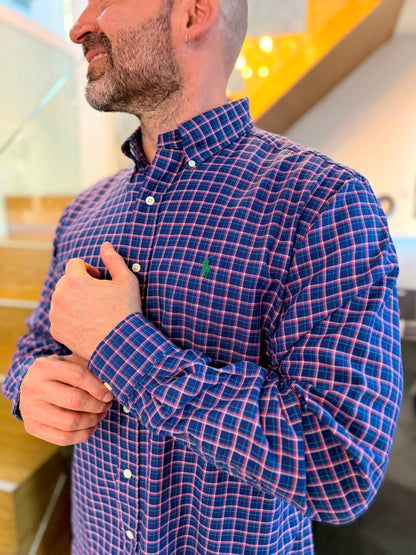 Camisa Polo R.L hombre Algodón Cuadros Azules Con Rojo Caballo Verde