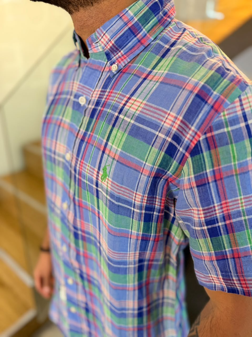 Camisa Polo R.L hombre Lino Manga Corta Cuadros Colores Caballo Verde