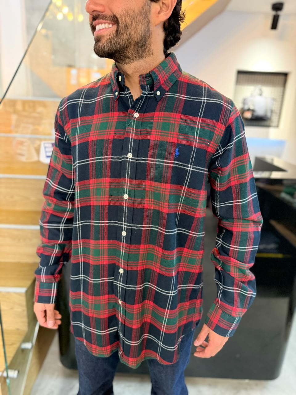 Camisa Polo R.L hombre Algodón Grueso Cuadros Rojos Con Verde Caballo Azul