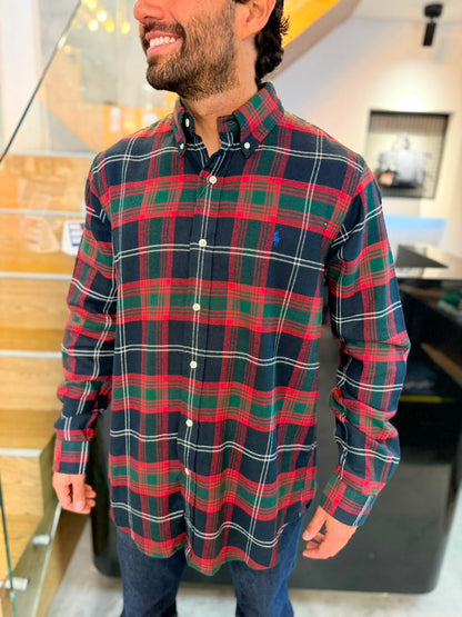 Camisa Polo R.L hombre Algodón Grueso Cuadros Rojos Con Verde Caballo Azul