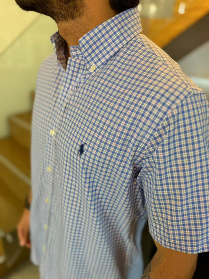 Camisa Polo R.L hombre Manga Corta Algodón Cuadros Azules Con Blanco Caballo Azul