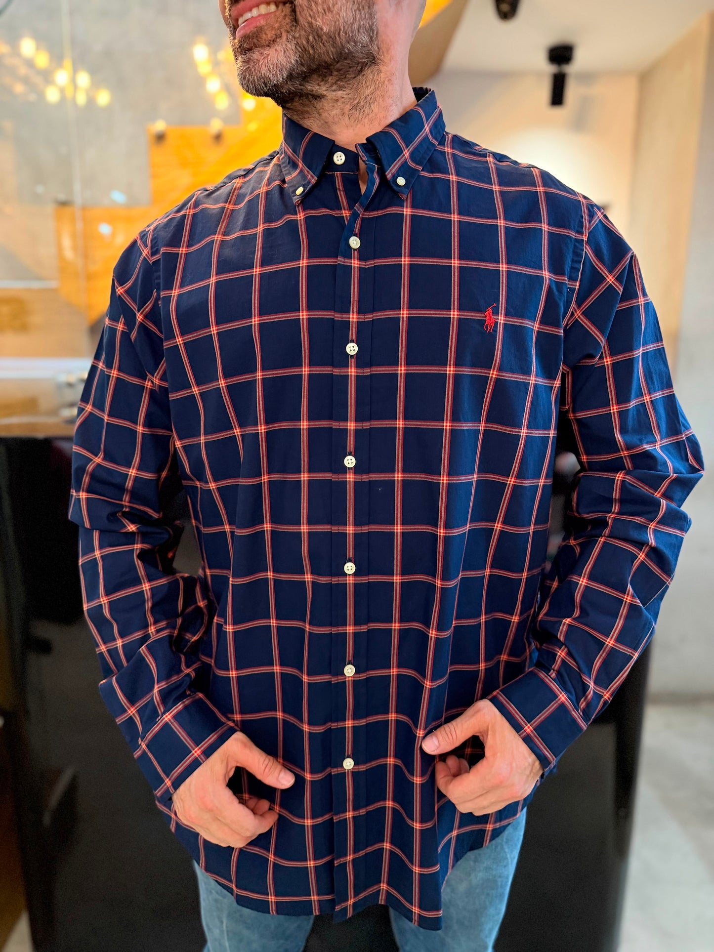 Camisa Polo R.L hombre Algodón Cuadros Azules Caballo Rojo