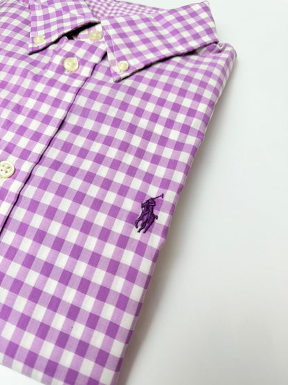 Camisa Polo R.L dama Algodón Slim Fit Cuadros Morados Con Blanco